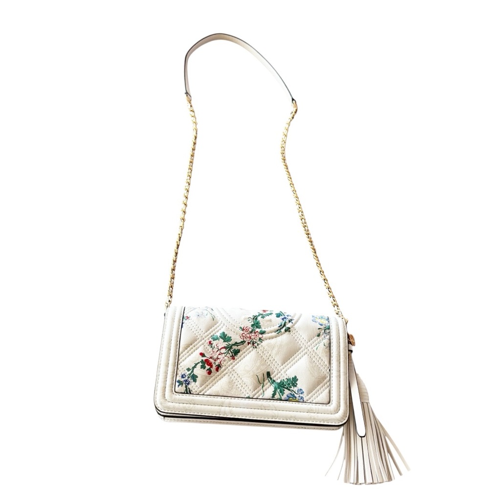 Tory Burch Quilted Floral White Leather Crossbody Bag with Tassel - Picture 2 of 8